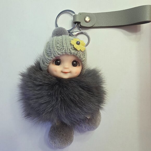 Cute Smiling Fur Baby Keychain with LOVE tag, Plush rabbit fur, Bag Charm - Picture 4 of 12